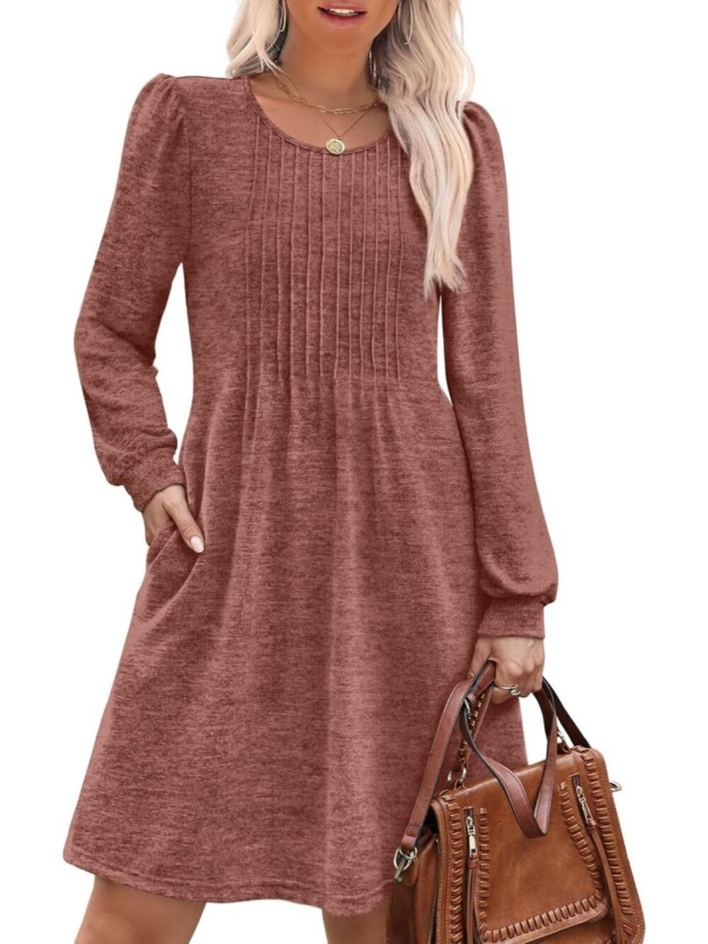 Women's Caramel Pleated Crew Neck Pockets Fall Baby Doll Sweater Mini Dress